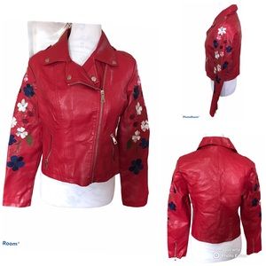Urban Retro Red Embroidered Moto Jacket S